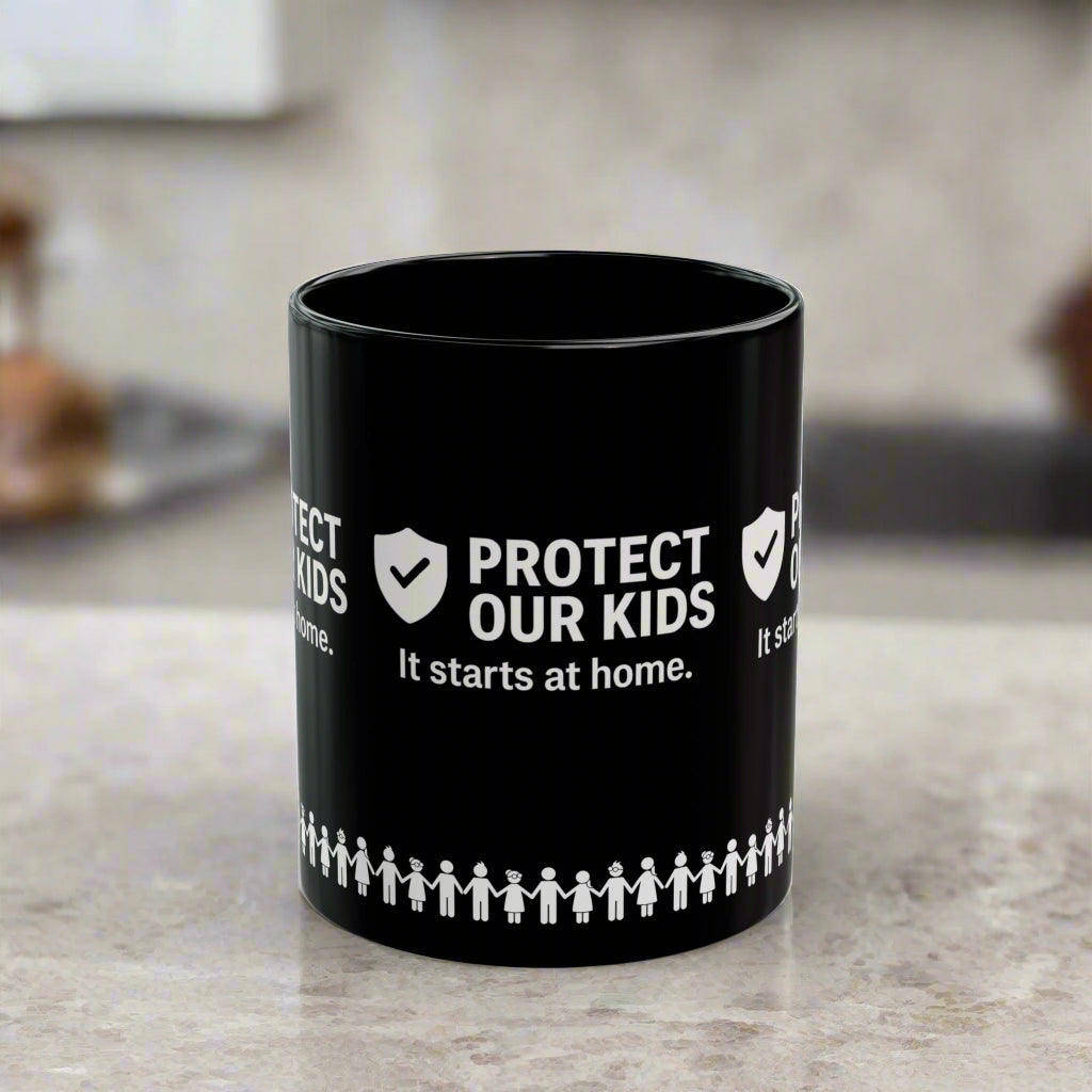 Protect Our Kids Black Mug – Child Safety Awareness Ceramic Cup - Kim’s Signature Beauty & Accessories    