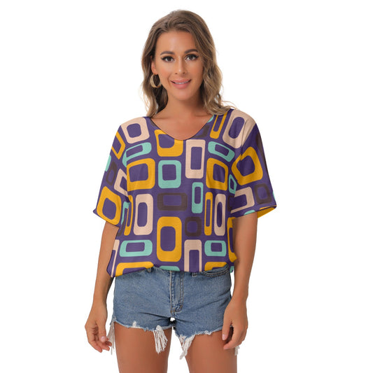 Purple Retro V-Neck Blouse - Kim’s Signature Beauty & Accessories    
