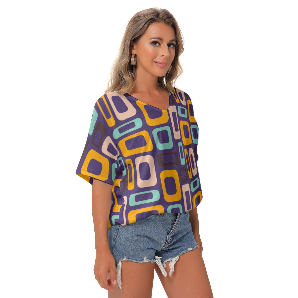 Purple Retro V-Neck Blouse - Kim’s Signature Beauty & Accessories    