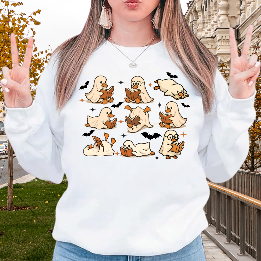 Reading Duck Ghosts Halloween Sweatshirt – Cozy Bookish Crewneck - Kim’s Signature Beauty & Accessories    