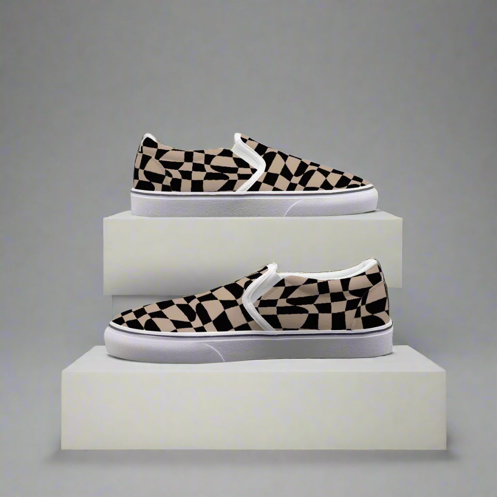 Retro Checkered Slip-On Canvas Sneakers – Bold Black & Tan - Kim’s Signature Beauty & Accessories    