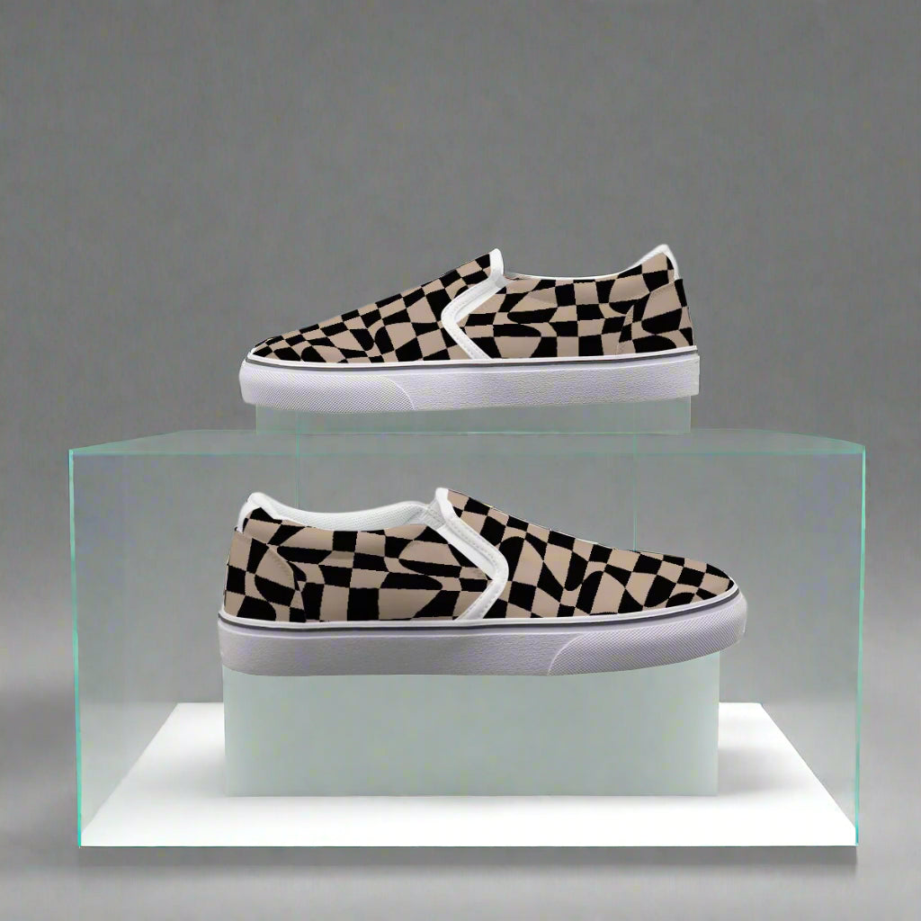 Retro Checkered Slip-On Canvas Sneakers – Bold Black & Tan - Kim’s Signature Beauty & Accessories    