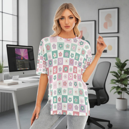 Retro Floral Checkerboard Tee for Women – Cute Pastel Oversized T-Shirt - Kim’s Signature Beauty & Accessories    