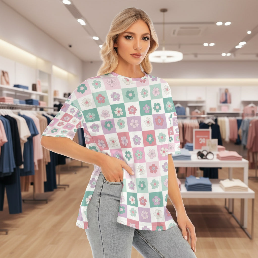 Retro Floral Checkerboard Tee for Women – Cute Pastel Oversized T-Shirt - Kim’s Signature Beauty & Accessories    