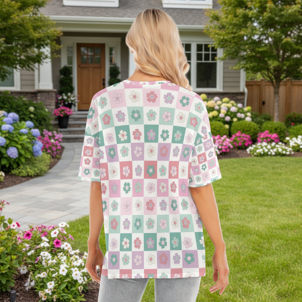 Retro Floral Checkerboard Tee for Women – Cute Pastel Oversized T-Shirt - Kim’s Signature Beauty & Accessories    