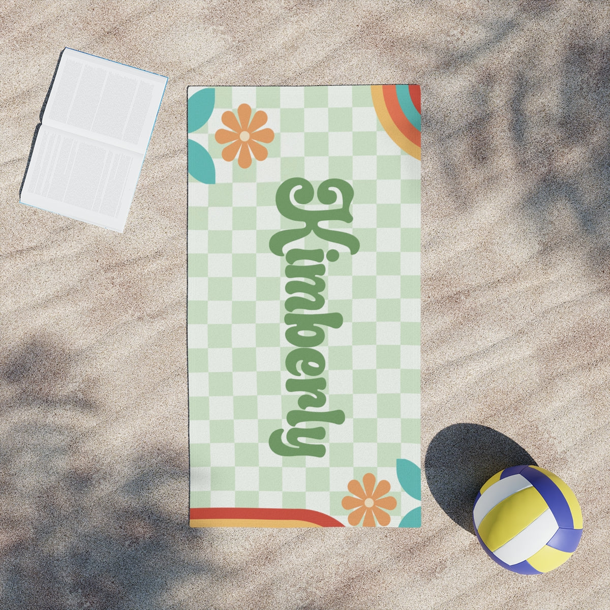 Retro Personalized Beach Towel – Floral Checkerboard Design - Kim’s Signature Beauty & Accessories    
