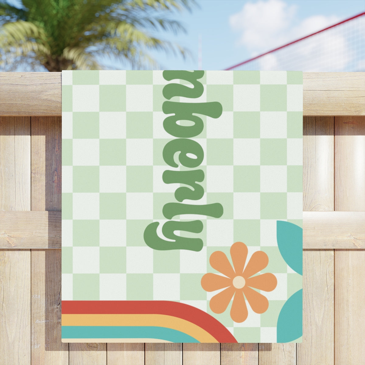 Retro Personalized Beach Towel – Floral Checkerboard Design - Kim’s Signature Beauty & Accessories    