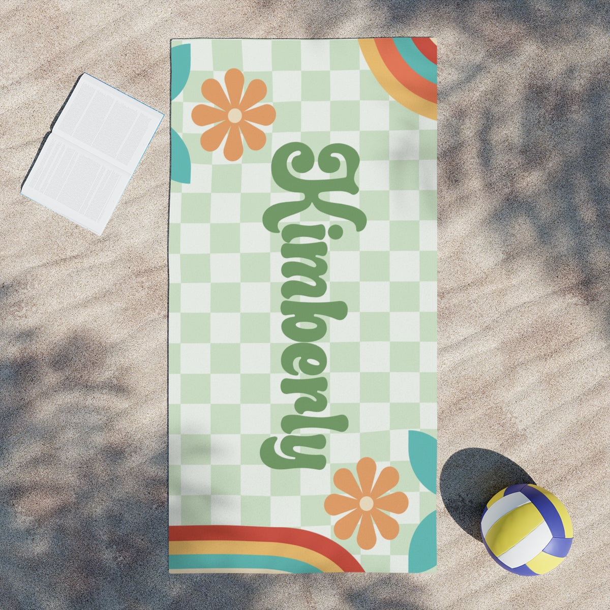 Retro Personalized Beach Towel – Floral Checkerboard Design - Kim’s Signature Beauty & Accessories    