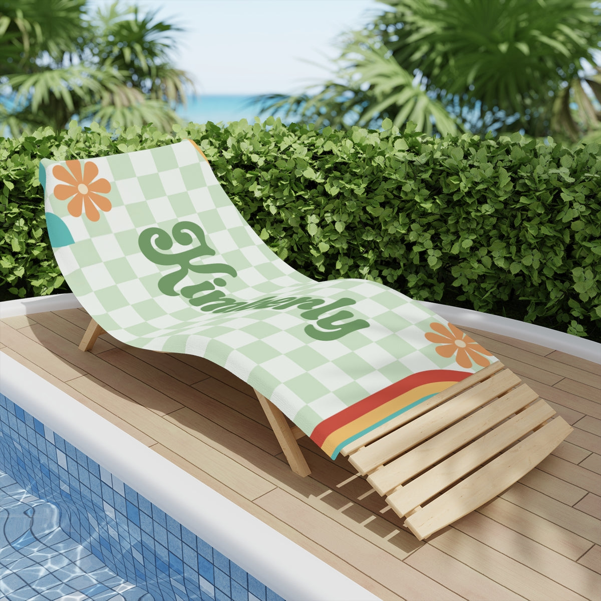 Retro Personalized Beach Towel – Floral Checkerboard Design - Kim’s Signature Beauty & Accessories    
