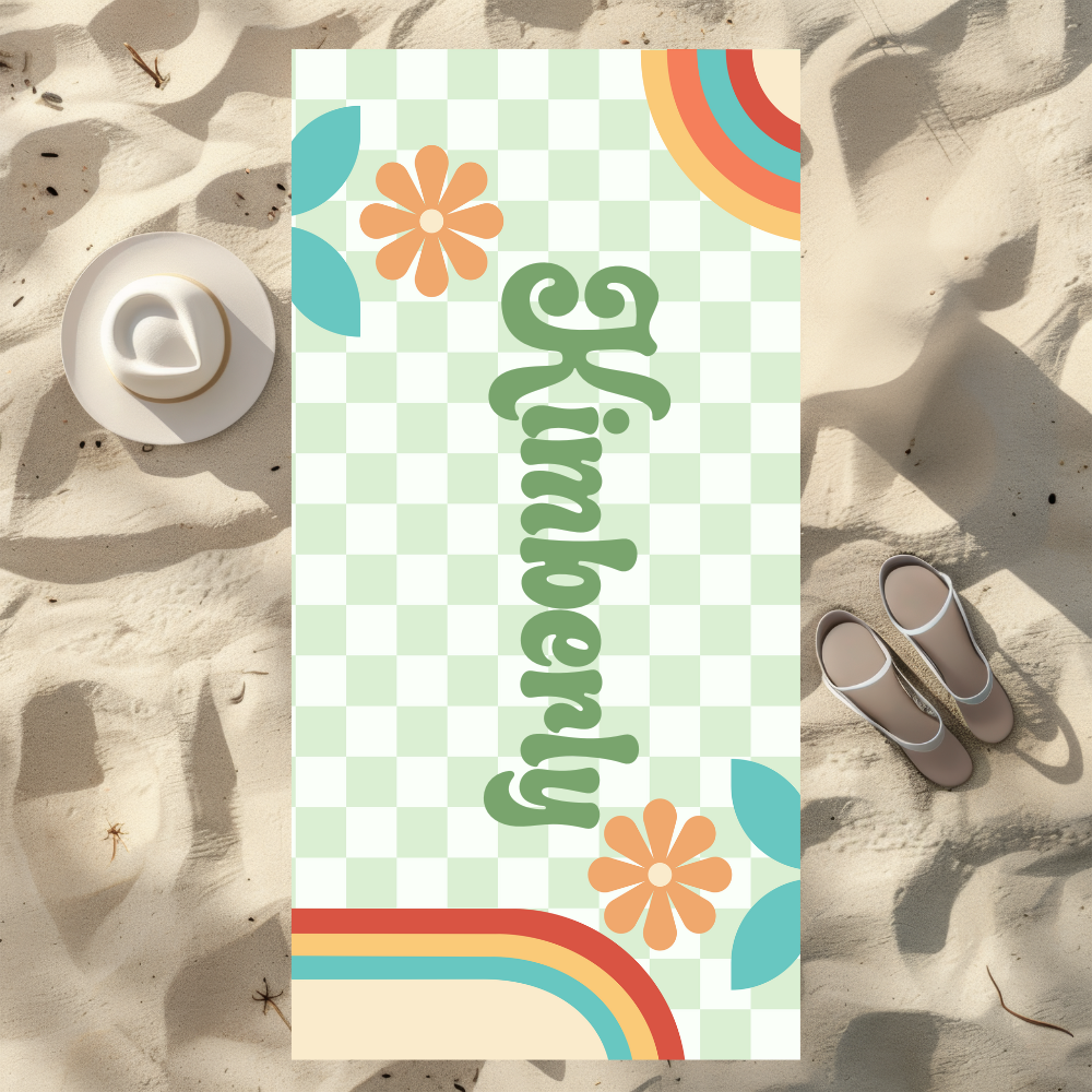 Retro Personalized Beach Towel – Floral Checkerboard Design - Kim’s Signature Beauty & Accessories    