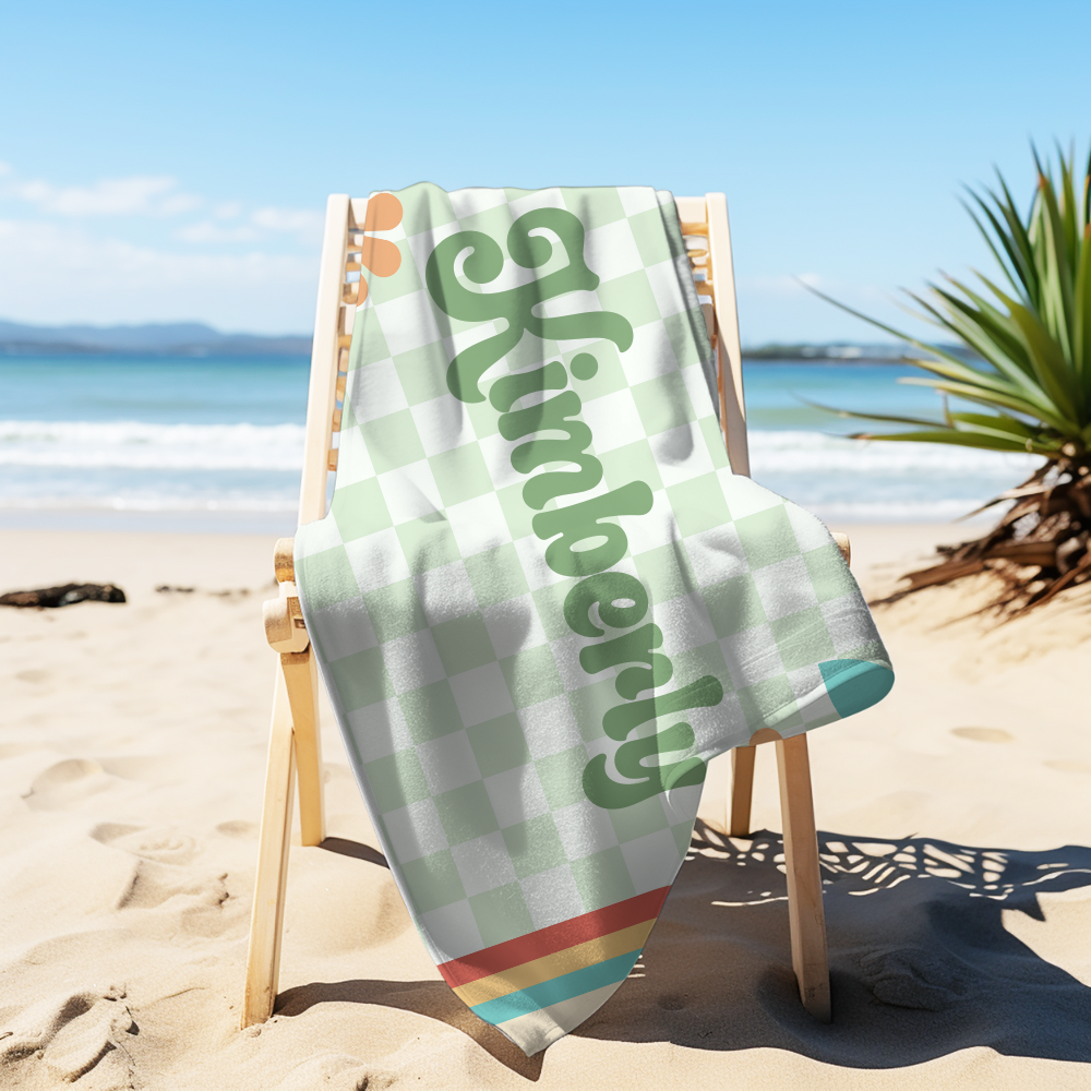 Retro Personalized Beach Towel – Floral Checkerboard Design - Kim’s Signature Beauty & Accessories    