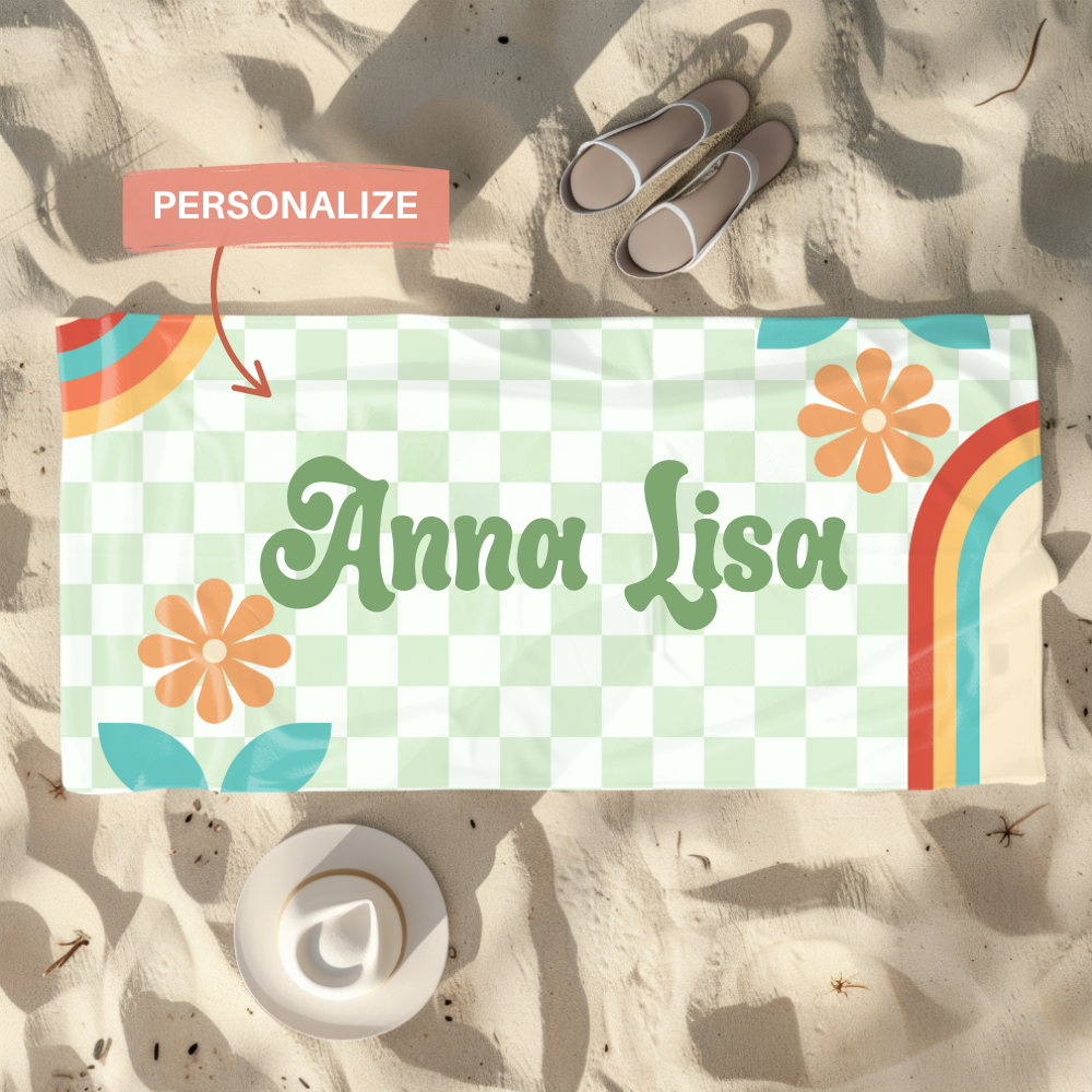 Retro Personalized Beach Towel – Floral Checkerboard Design - Kim’s Signature Beauty & Accessories    