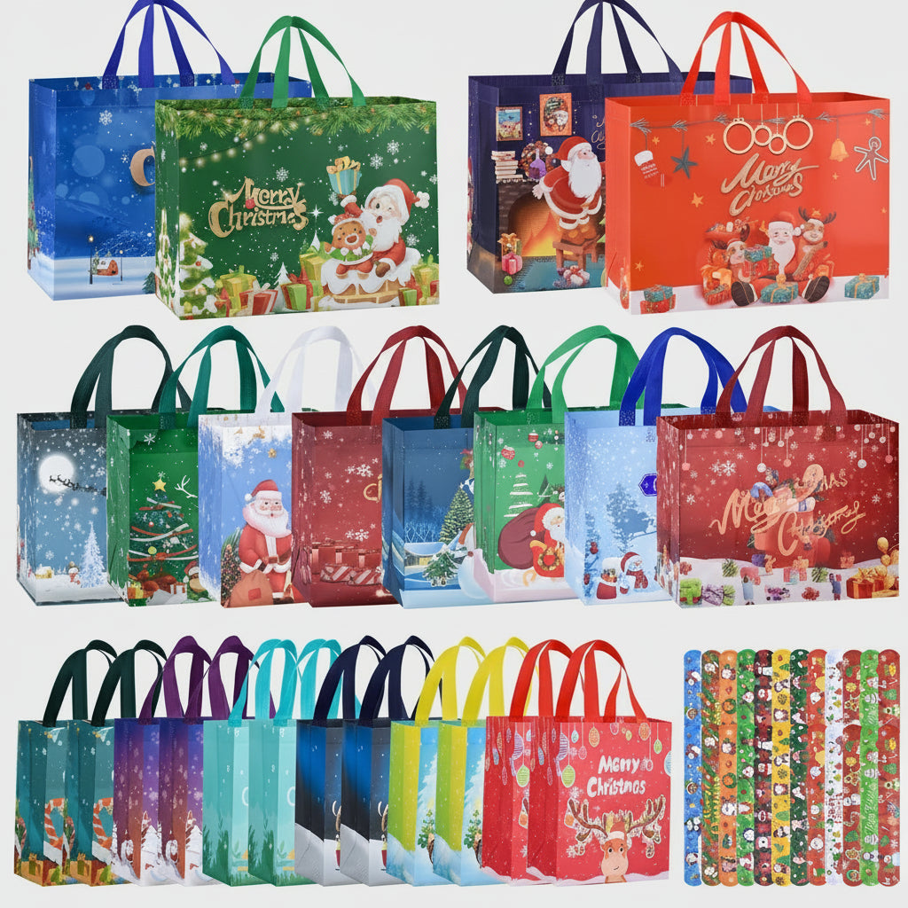 Reusable Christmas Gift Bags Set | 24 Holiday Tote Bags + Slap Bracelets - Kim’s Signature Beauty & Accessories    