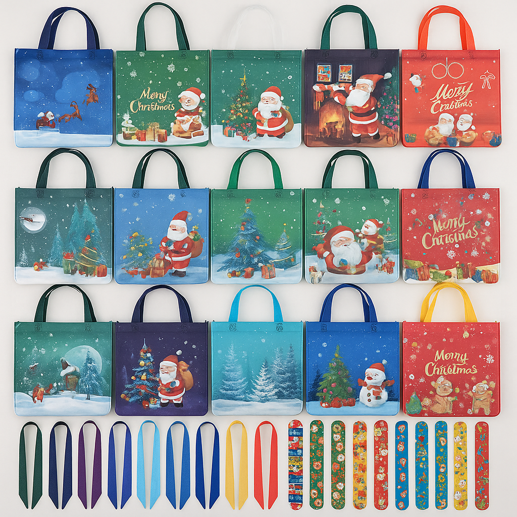Reusable Christmas Gift Bags Set | 24 Holiday Tote Bags + Slap Bracelets - Kim’s Signature Beauty & Accessories    