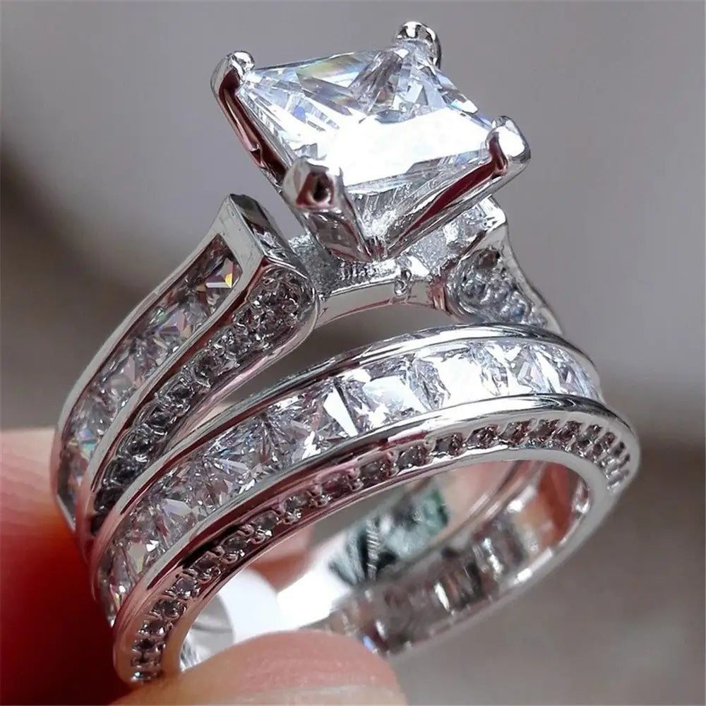 Silver Color Princess Cut CZ Engagement Ring Sets - Kim’s Signature Beauty & Accessories    