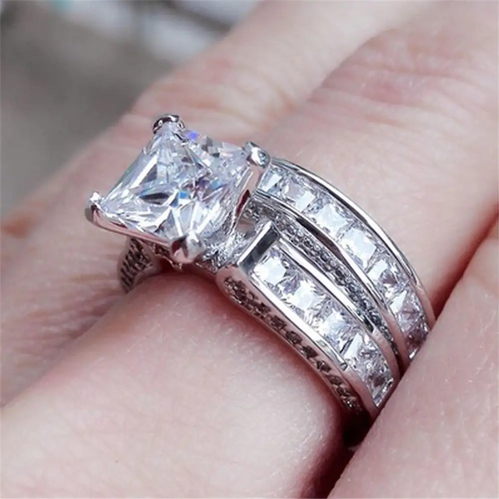 Silver Color Princess Cut CZ Engagement Ring Sets - Kim’s Signature Beauty & Accessories    