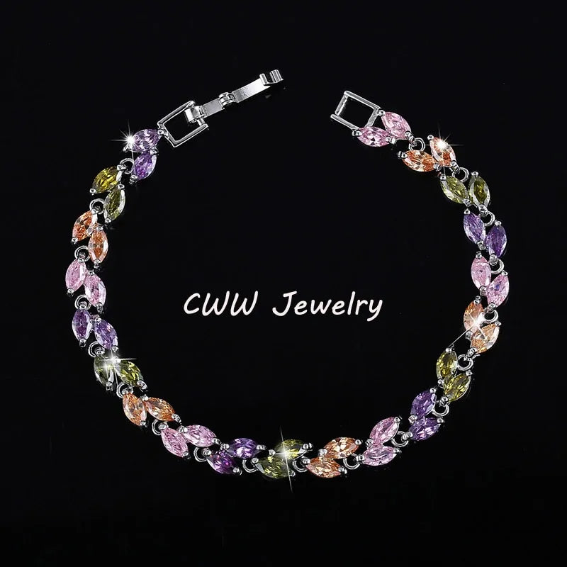 Silver Leaf Colorful CZ Bracelet - Kim’s Signature Beauty & Accessories    