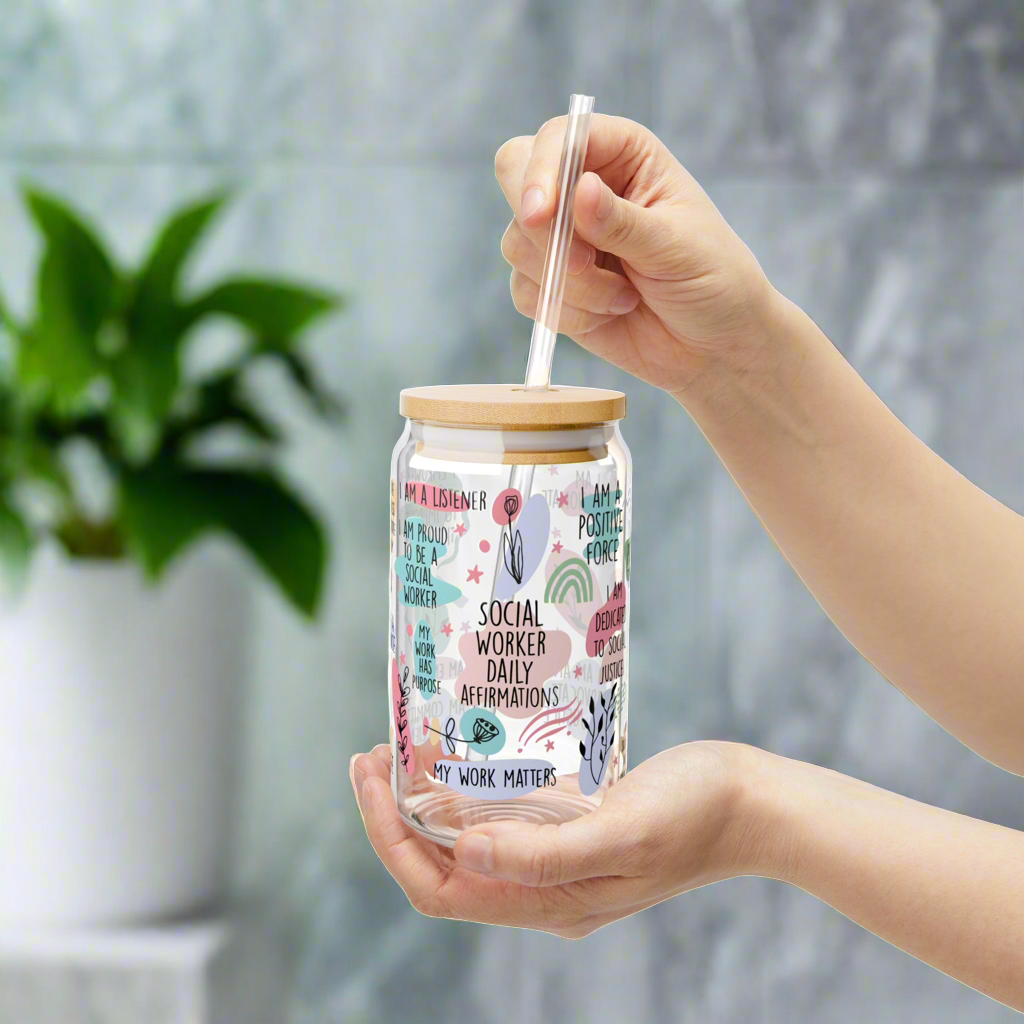 Social Worker Affirmations Sipper Glass, 16oz - Kim’s Signature Beauty & Accessories    