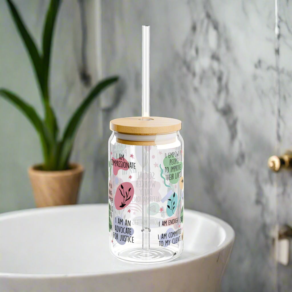 Social Worker Affirmations Sipper Glass, 16oz - Kim’s Signature Beauty & Accessories    