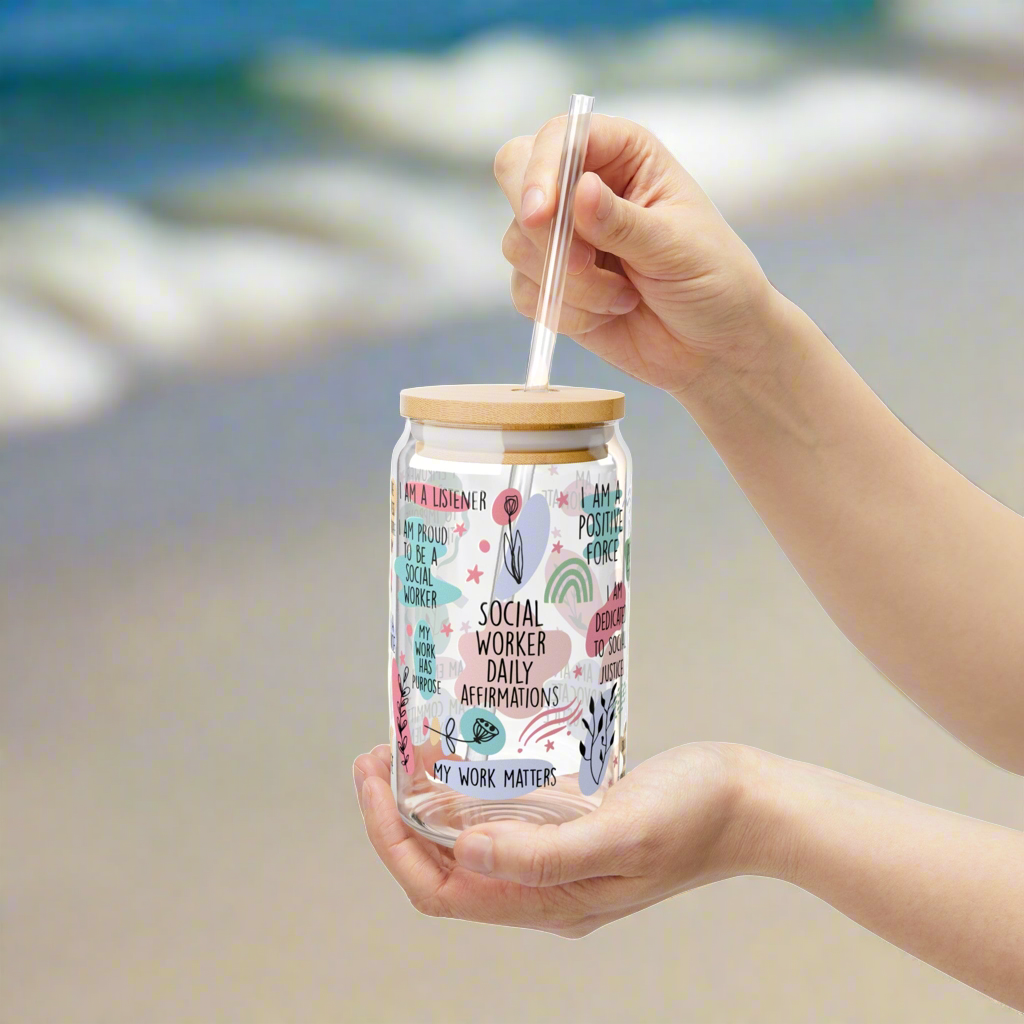 Social Worker Affirmations Sipper Glass, 16oz - Kim’s Signature Beauty & Accessories    