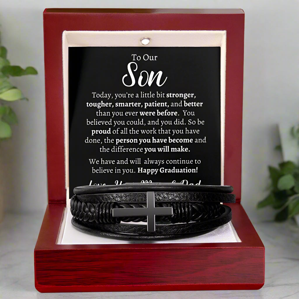 Son's Graduation Cross Leather bracelet - Kim’s Signature Beauty & Accessories    