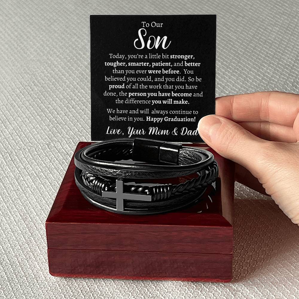 Son's Graduation Cross Leather bracelet - Kim’s Signature Beauty & Accessories    