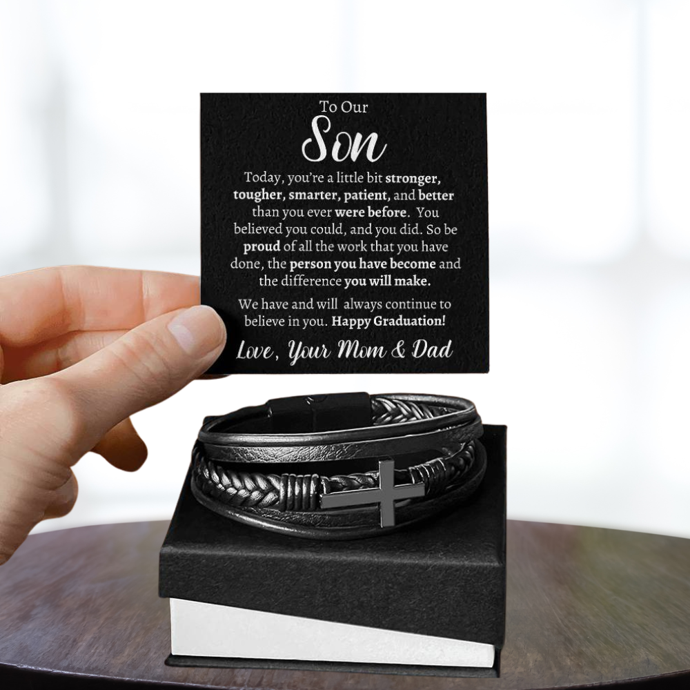 Son's Graduation Cross Leather bracelet - Kim’s Signature Beauty & Accessories    