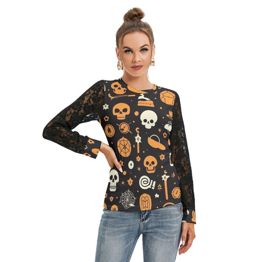 Spooky Skull T-shirt with Black Lace Sleeves - Kim’s Signature Beauty & Accessories    