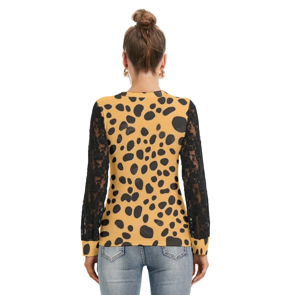 Spotted T-shirt with Black Lace Sleeves - Kim’s Signature Beauty & Accessories    