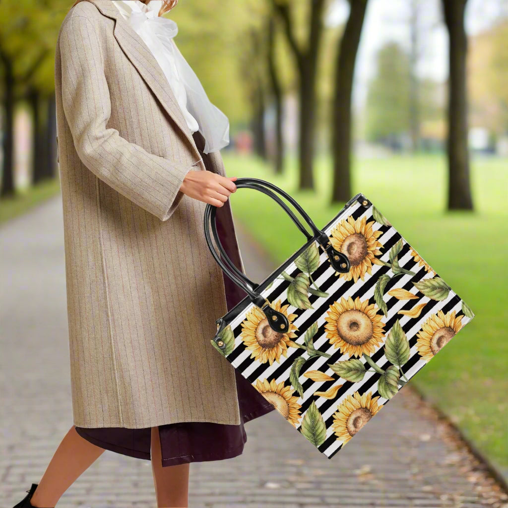 Sunflower Stripe PU Leather Handbag – Bold & Bright Everyday Bag - Kim’s Signature Beauty & Accessories    