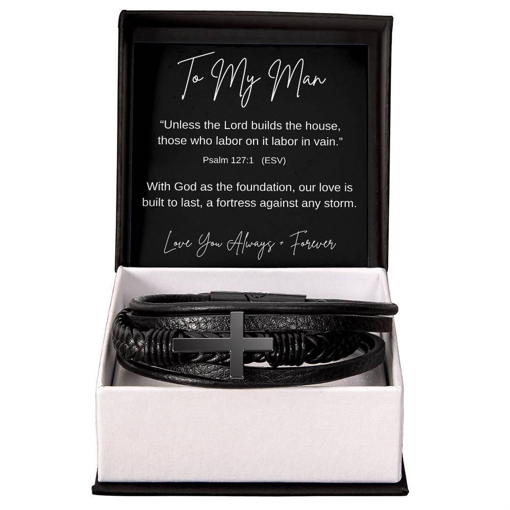 To My Man | Leather Cross Bracelet | Psalm 127:1 - Kim’s Signature Beauty & Accessories    