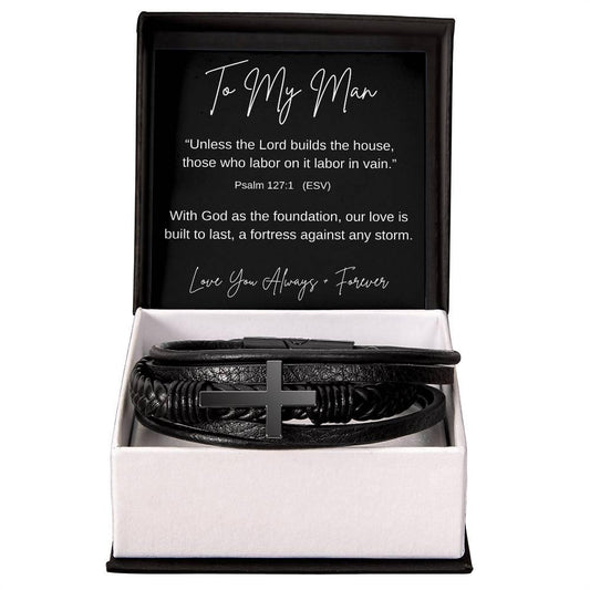 To My Man | Leather Cross Bracelet | Psalm 127:1 - Kim’s Signature Beauty & Accessories    