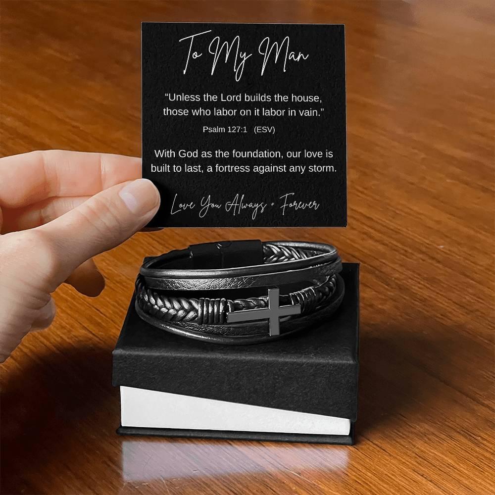 To My Man | Leather Cross Bracelet | Psalm 127:1 - Kim’s Signature Beauty & Accessories    