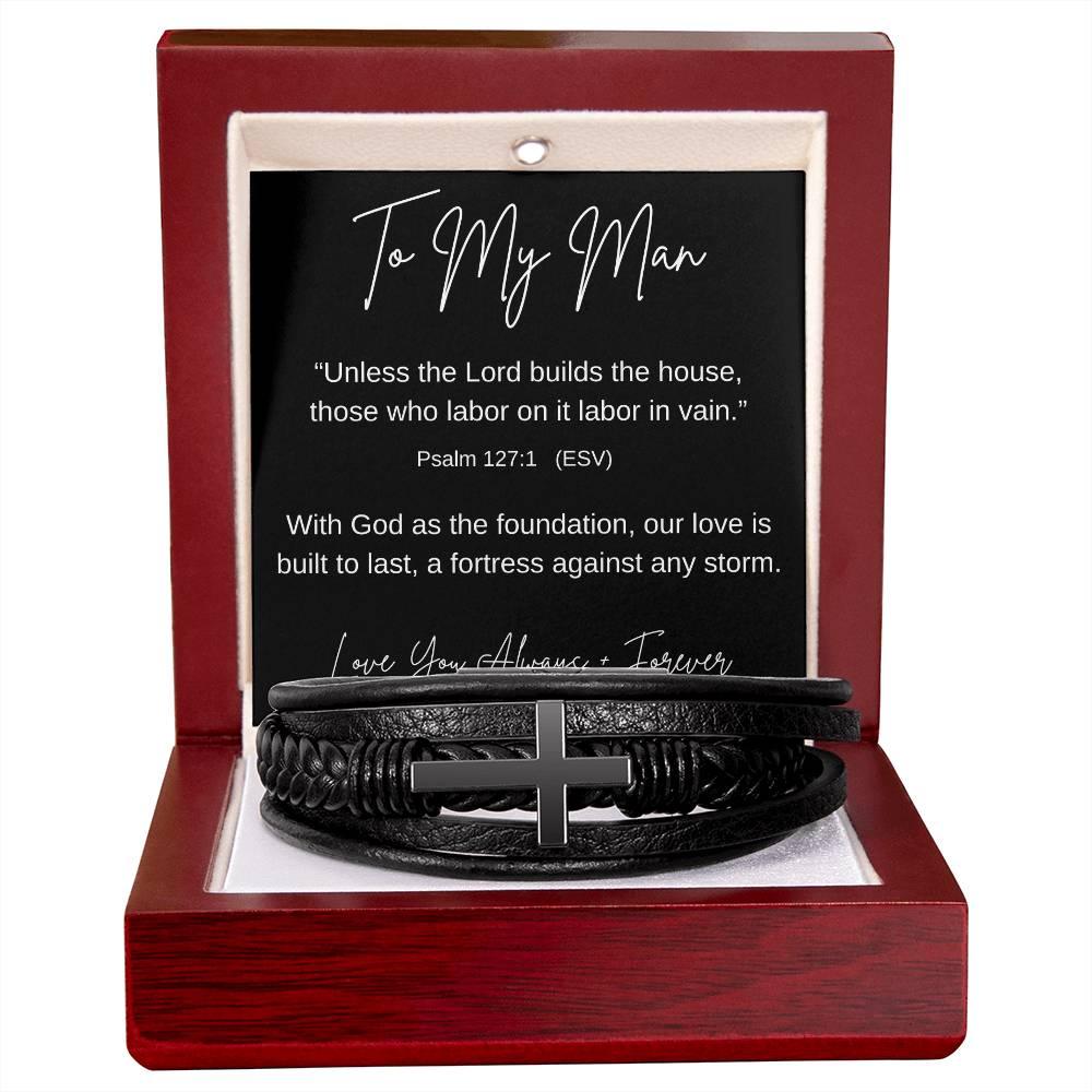To My Man | Leather Cross Bracelet | Psalm 127:1 - Kim’s Signature Beauty & Accessories    