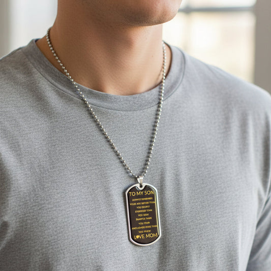 To My Son Dog Tag Necklace - Love Mom Pendant (Engravable Back) - Kim’s Signature Beauty & Accessories