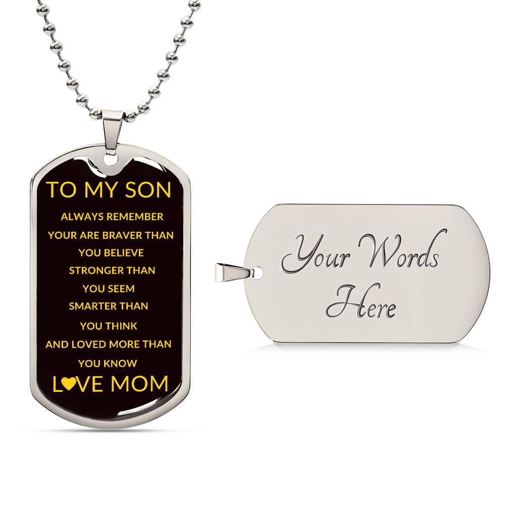 To My Son Dog Tag Necklace - Love Mom Pendant (Engravable Back) - Kim’s Signature Beauty & Accessories