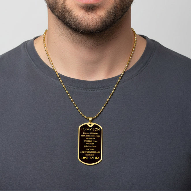 To My Son Dog Tag Necklace - Love Mom Pendant (Engravable Back) - Kim’s Signature Beauty & Accessories