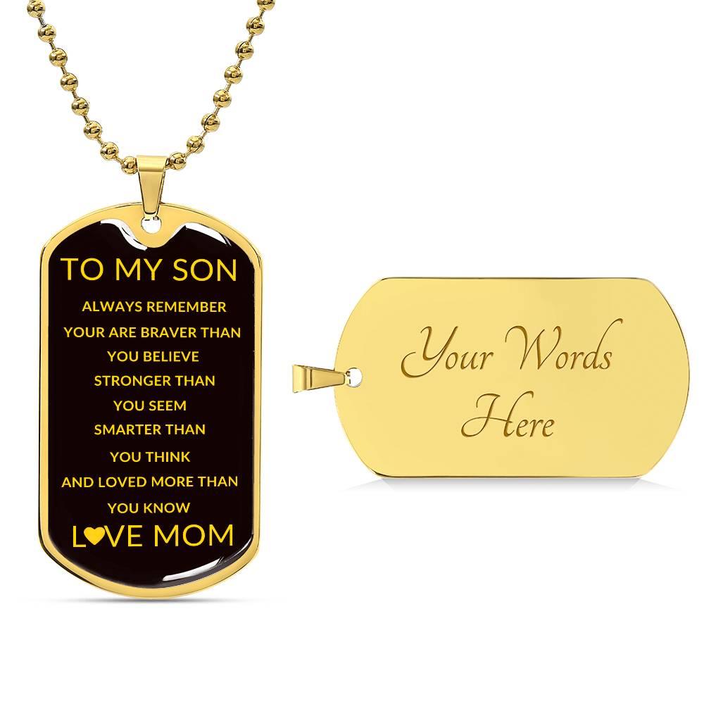 To My Son Dog Tag Necklace - Love Mom Pendant (Engravable Back) - Kim’s Signature Beauty & Accessories