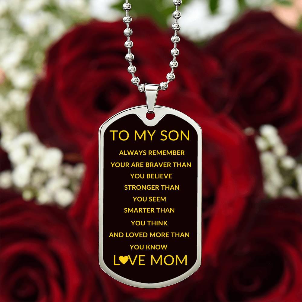 To My Son Dog Tag Necklace - Love Mom Pendant (Engravable Back) - Kim’s Signature Beauty & Accessories