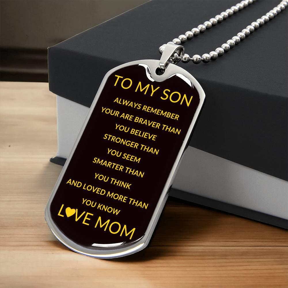 To My Son Dog Tag Necklace - Love Mom Pendant (Engravable Back) - Kim’s Signature Beauty & Accessories