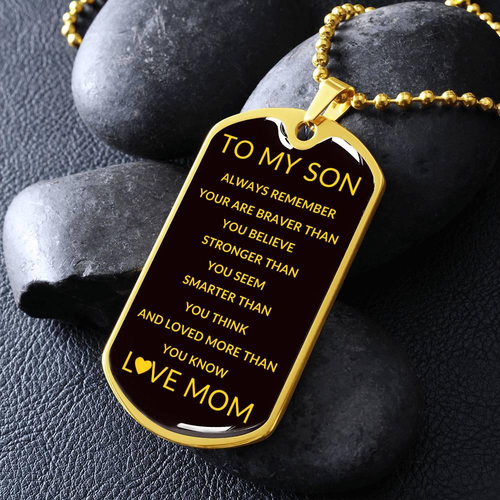 To My Son Dog Tag Necklace - Love Mom Pendant (Engravable Back) - Kim’s Signature Beauty & Accessories