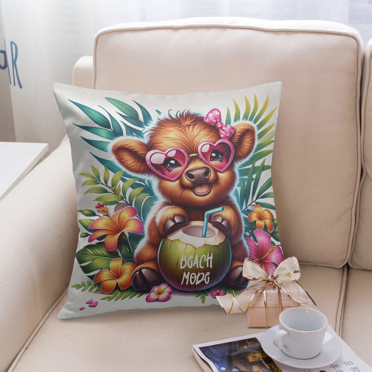 Tropical Highland Cow Beach Mode Pillow Cover - Kim’s Signature Beauty & Accessories    