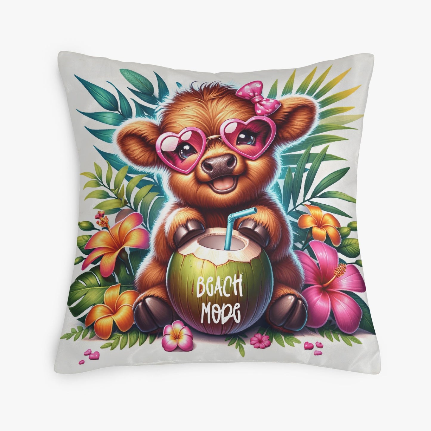 Tropical Highland Cow Beach Mode Pillow Cover - Kim’s Signature Beauty & Accessories    