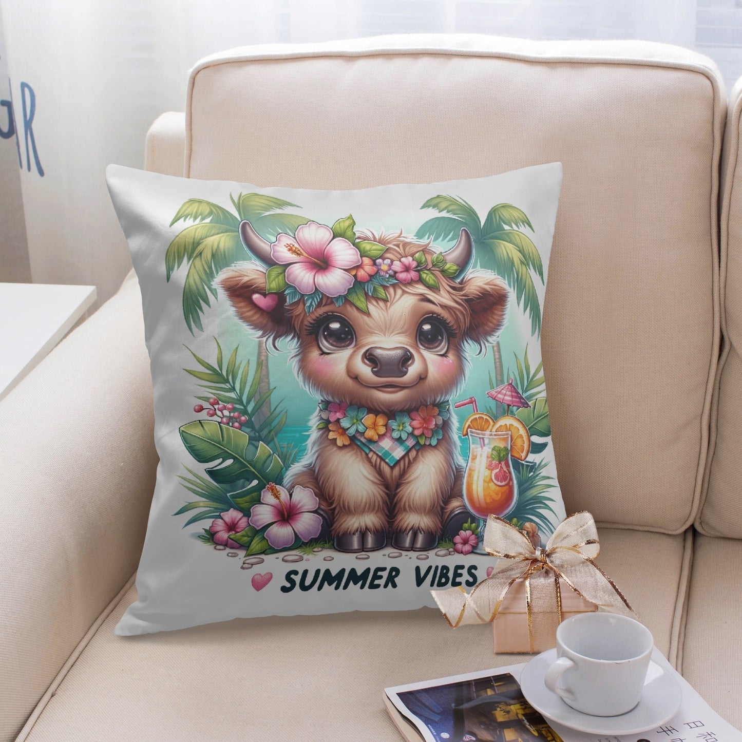 Tropical Highland Cow Paradise Pillow Cover - Kim’s Signature Beauty & Accessories    