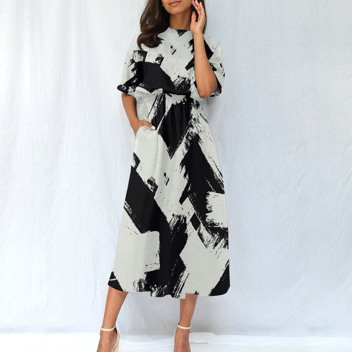 White & Black Women's Elastic Waist Dress - Kim’s Signature Beauty & Accessories    