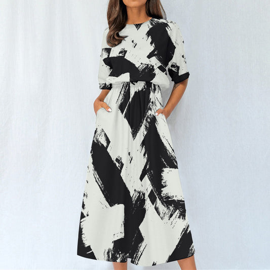 White & Black Women's Elastic Waist Dress - Kim’s Signature Beauty & Accessories    