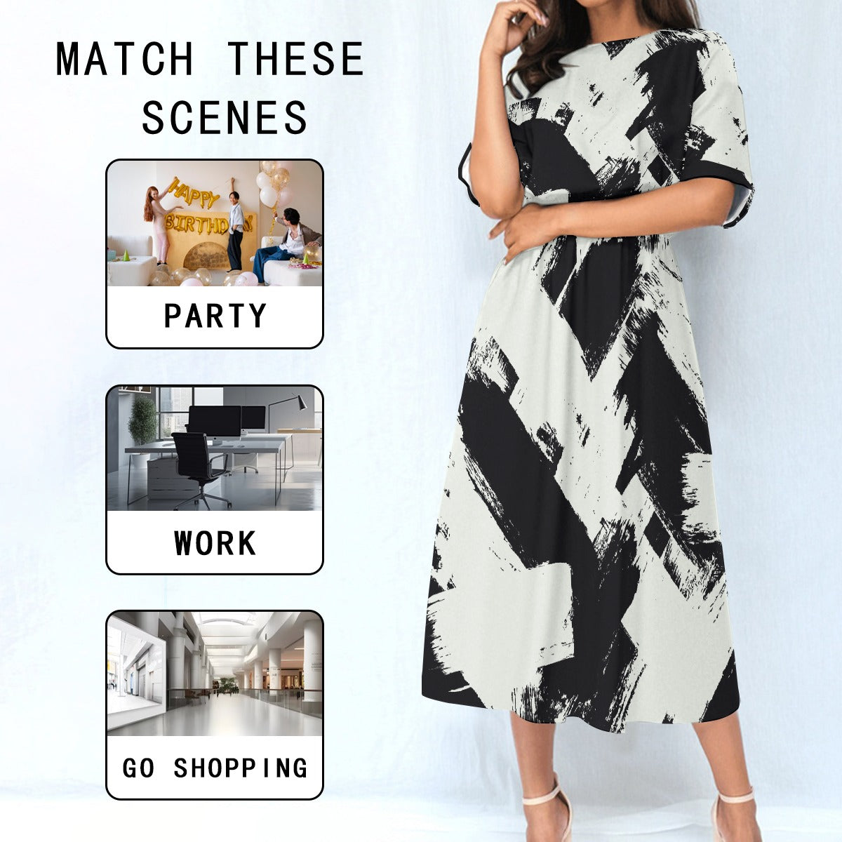 White & Black Women's Elastic Waist Dress - Kim’s Signature Beauty & Accessories    