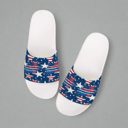 White Patriotic Stripe Star Slides – Red, White & Blue Sandals - Kim’s Signature Beauty & Accessories    