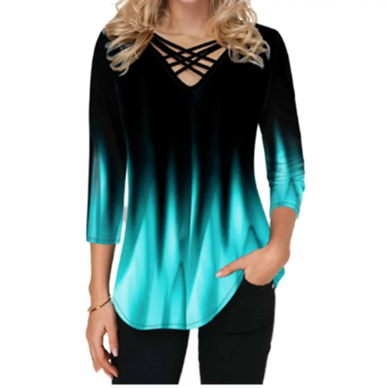 Women Blouses Gradient Print Cross V-Neck - Kim’s Signature Beauty & Accessories    