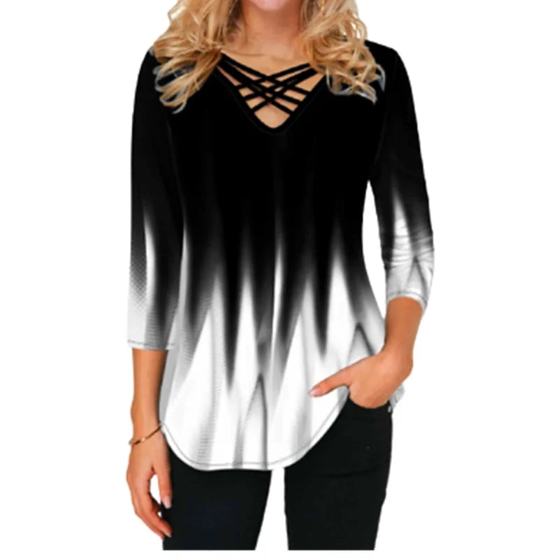 Women Blouses Gradient Print Cross V-Neck - Kim’s Signature Beauty & Accessories    